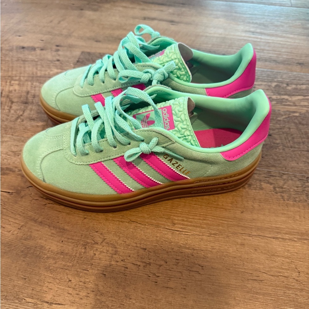 Adidas Gazelle Mint Green And Hot Pink Athletic Sneakers